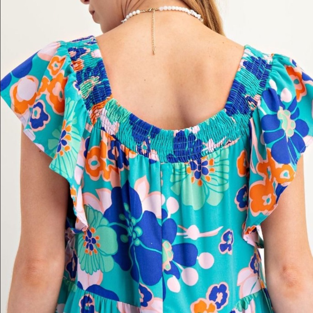 209 🏝️EASEL FLORAL PRINT WOOL PEACH TIERED MAXI DRESS - Picture 3 of 4